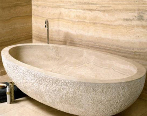 Ivory Cross Cut Elongated ORock Travertine Bathtub Hawaii Stone Imports