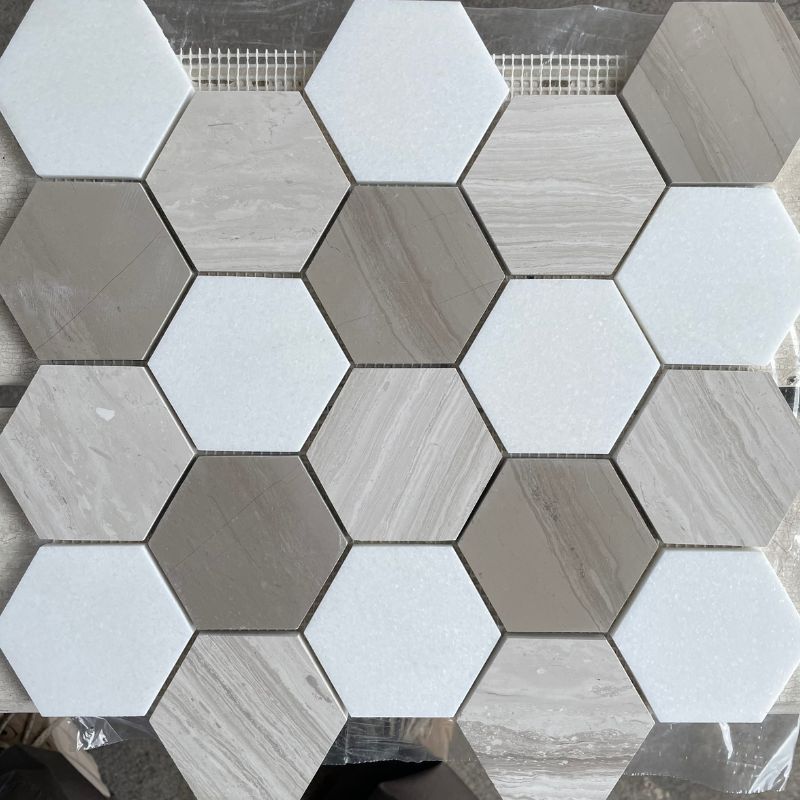 Teakwood Light/Athens Wood/Crystal White Hexagon Mosaic Hawaii Stone Imports